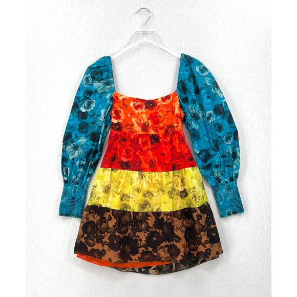 ALICE AND OLIVIA Rowen Tiered Babydoll Dress Womens XS Blue Red Floral Print - Picture 2 of 16